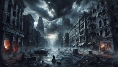 Destroyed city street with derelict gothic buildings and storm sky