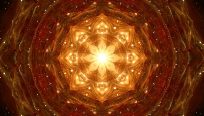 Golden Octagonal Mandala with Fiery Red Nebula and Sparkling Lights
