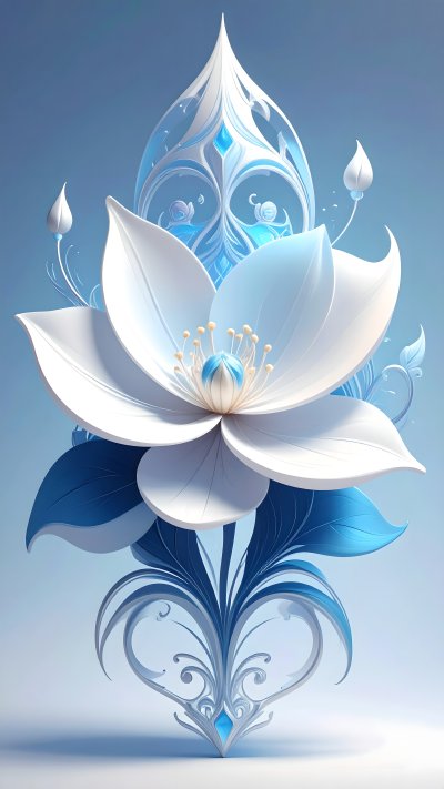 Elegant white and blue stylized flower with abstract design elements