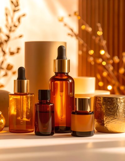 Luxurious amber dropper bottles with gold accents in warm golden light