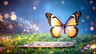 Magical butterfly in dreamlike meadow with glowing platform