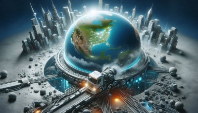 Futuristic Earth with transport truck and advanced global infrastructu