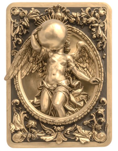 Golden cherub with radiant orb amidst ornate scrollwork.