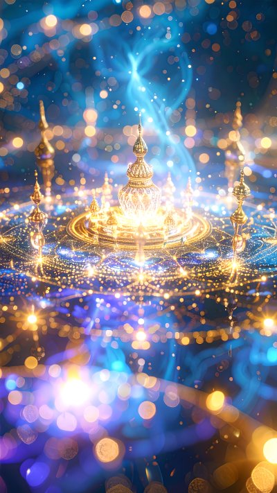Ornate golden lamp and structures with bokeh on blue and gold surface