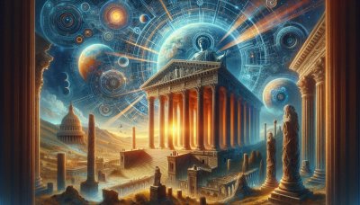 Neoclassical Temple with Statue and Celestial Mechanics