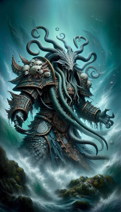 Armored tentacled creature with skulls in dark misty water