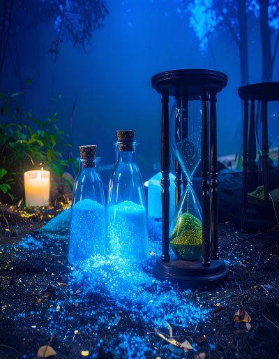 Forest scene: blue crystals, potions, hourglass
