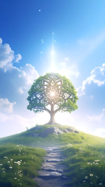 Symbolic glowing tree on grassy hill with path under bright sky