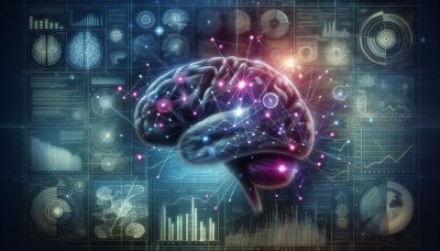 Futuristic Brain with Network Connections, Data Charts, and Scientific