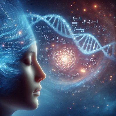 Woman with closed eyes amidst DNA, equations, and fractal: Science & S