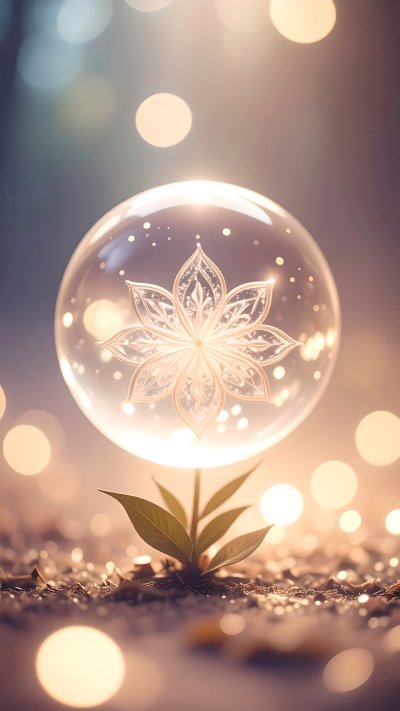 Plant seedling with glowing flower symbol in bubble and bokeh lights