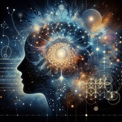 Human head silhouette with glowing cosmic and neural patterns