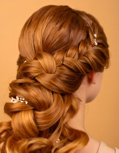 Elegant braided updo with pearl and crystal hairpins