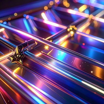 Golden star on reflective surface with vibrant neon light streaks
