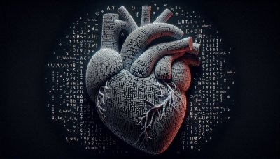 Human heart made of code and data on dark background