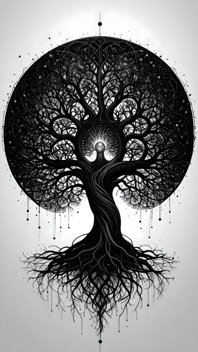 Black and white symbolic tree of life illustration with roots and orb