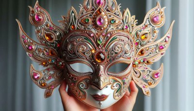 Ornate Venetian Mask with Gemstones and Floral Design, Held