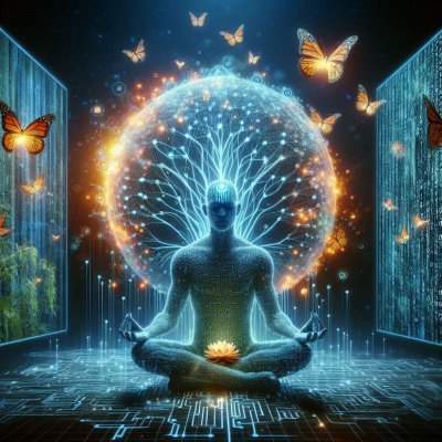 Meditating figure with energy sphere and butterflies, spiritual enligh