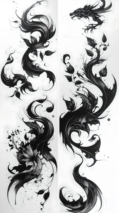 Black ink dragon and swirling dark organic forms on white