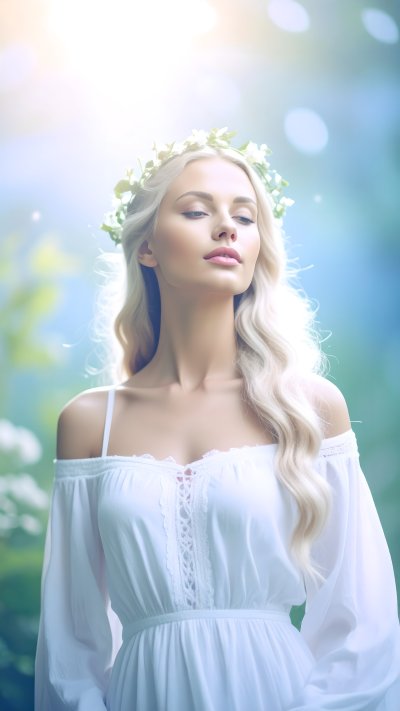 Serene blonde woman in flower crown and white dress, sunlit nature.