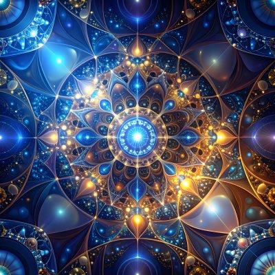 Intricate glowing blue and gold fractal mandala pattern