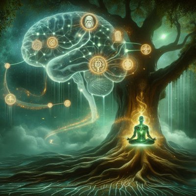 Meditative figure connected to brain and tree, illustrating consciousn