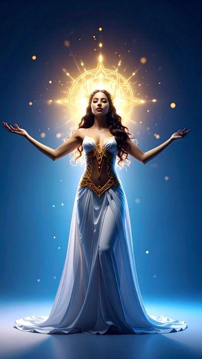 Woman in white & gold dress w/ glowing spiritual mandala behind head