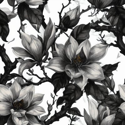 Seamless black and white watercolor magnolia pattern with branches
