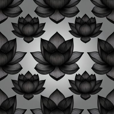 Seamless pattern of stylized black lotus flowers on grey