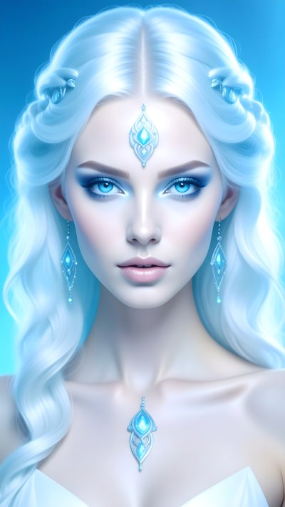 Ethereal woman with white hair, blue eyes, ice jewelry
