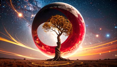 Cosmic Tree of Life through celestial ring, alien landscape