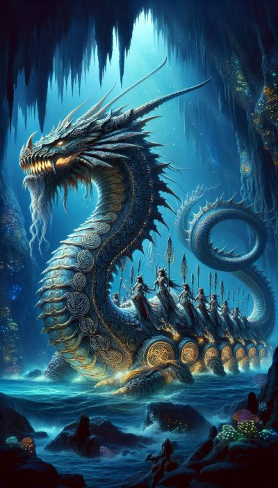 Ornate mythological dragon with warriors in dark underwater cave