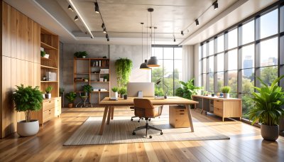 Bright modern office with wood and plants