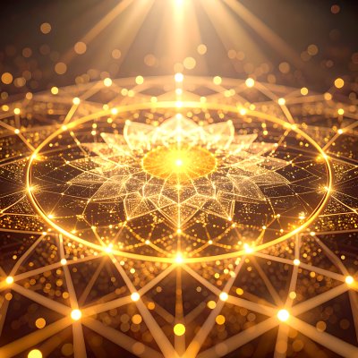 Golden sacred geometry mandala with inner light and cosmic connections