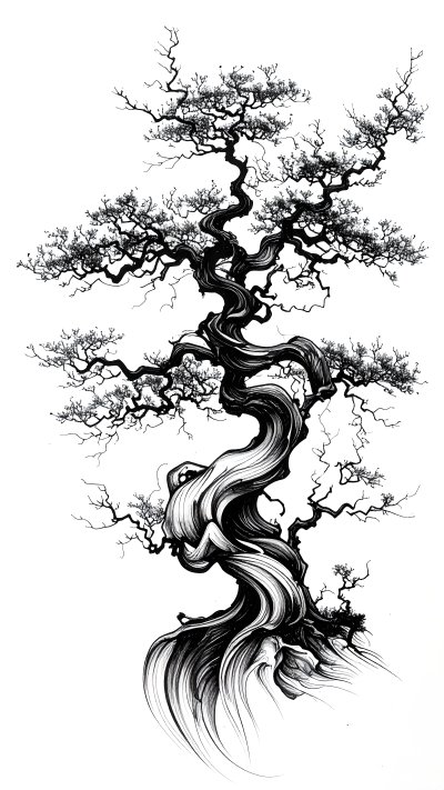 Black and white ink illustration of a twisted bonsai tree