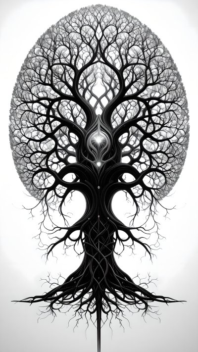 Stylized tree of life with roots, circular branches, glowing eye