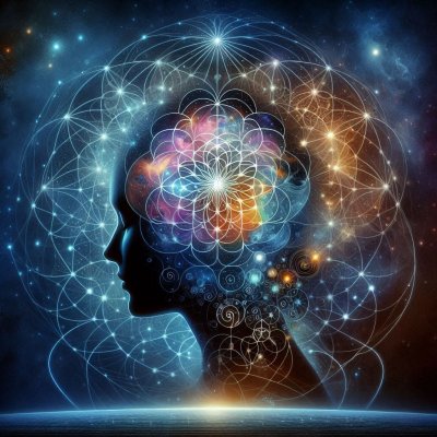 Cosmic mind: Silhouette of a head with geometric patterns and cosmic i