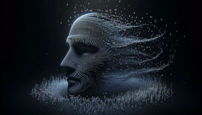 Human head made of binary code and data streams