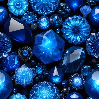 Seamless pattern of glowing blue crystal shapes and gems