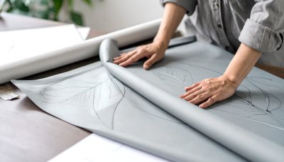 Hands unfold blueprint, inspiring creativity and artistic expression.