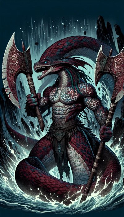 Dragon-like warrior with axes in a watery environment, digital illustr
