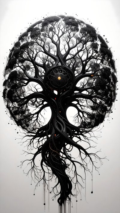 Abstract black spherical tree with glowing core on grey background