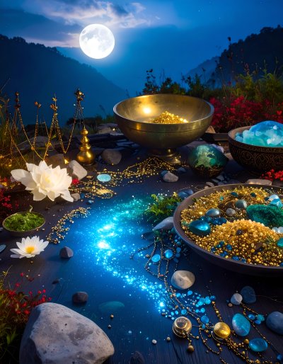 Mystical nighttime offering with gold, blue light, and full moon