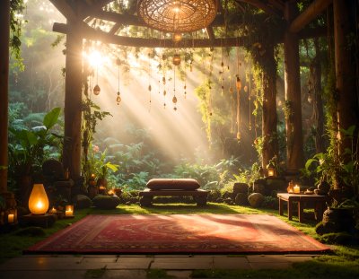 Enchanting jungle sanctuary with golden sunbeams, serene and spiritual