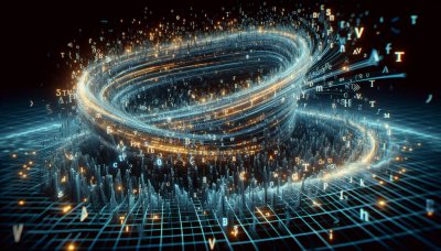 Abstract digital data vortex with glowing code and grid