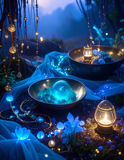 Mystical forest scene with glowing orbs and blue flowers