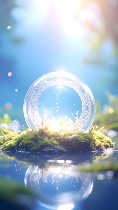 Glass sphere with woven pattern on moss by water with sunburst.