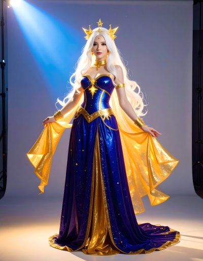 Queen of stars, blue and gold gown, cosmic wonder