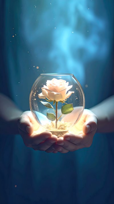 Delicate white rose glowing in glass sphere held in cupped hands