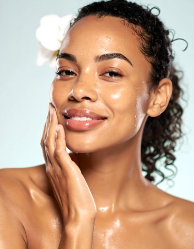 Dewy-skinned woman with flower, radiant natural beauty.